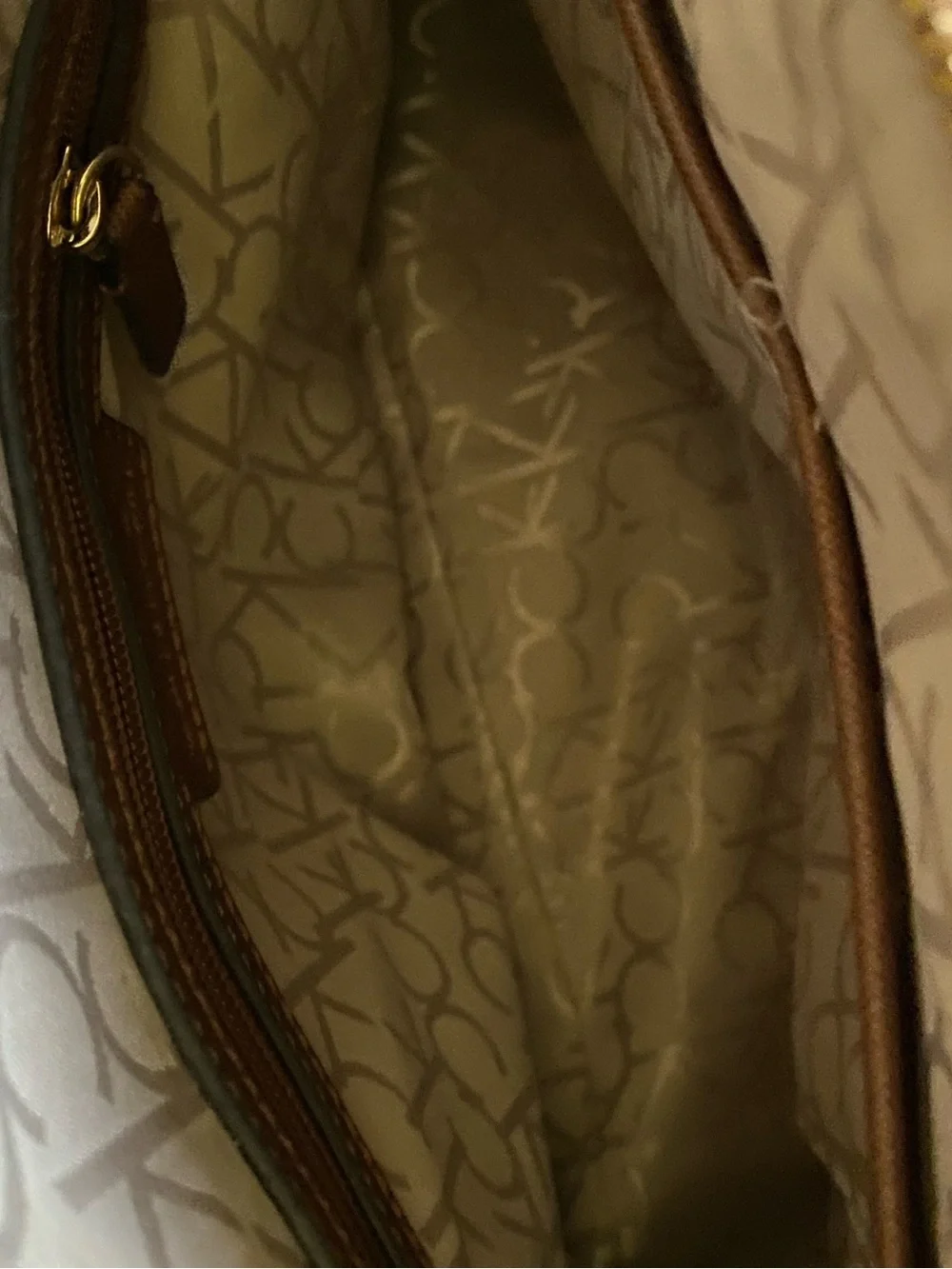 Calvin Klein Dark Brown CK Monogram Laptop Tote with Tan Trim